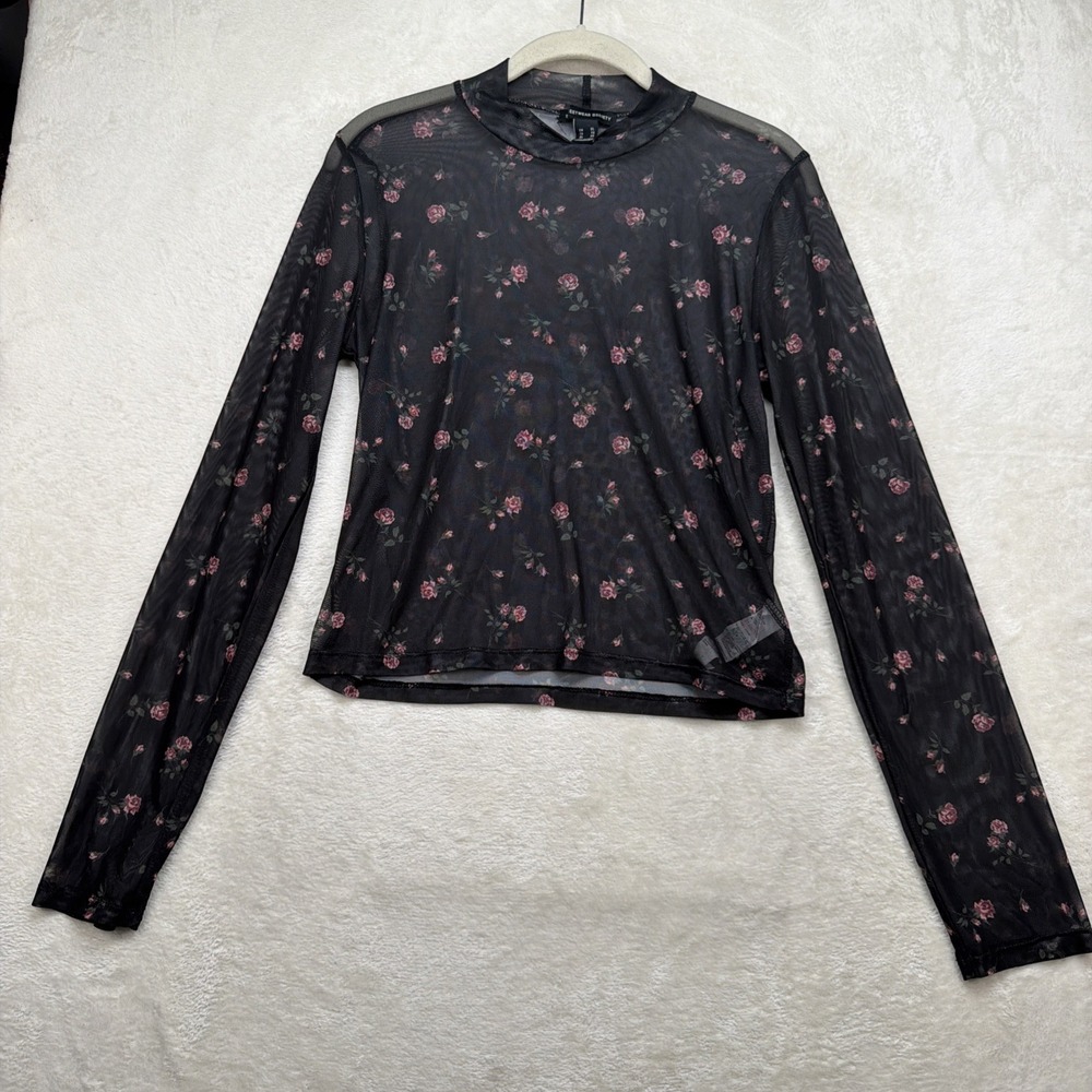 Streetwear Society Mesh Top Women's XL Black Floral Sheer Long Sleeve Y2K